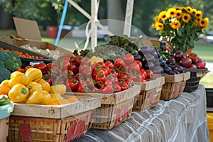 A table covered with an assortment of baskets filled with colorful and fresh vegetables at a farmers market, A bountiful harvest
