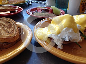 Table covered in breakfast foods