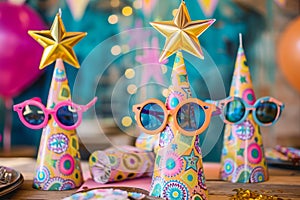 A table covered with colorful party hats and glasses, creating a festive atmosphere for a celebration, Celebratory birthday scene