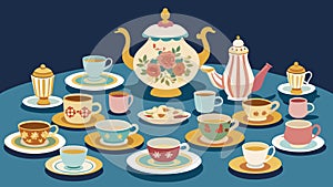 A table covered with rare handpainted china sets and giltedged tea cups spanning decades of elegant tea parties and photo