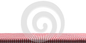Table covered with red tablecloth on white background, copy space. 3d illustration