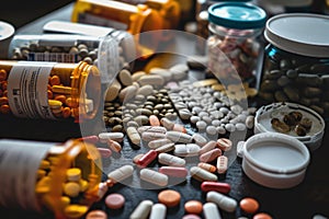 A table covered with a wide assortment of pills and bottles arranged neatly, A table filled with various types of opioids, AI