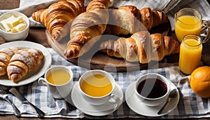 A table with croissants, coffee, orange juice and butter