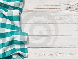 Table with cyan picnic cloth top view background