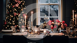 Table decor for festive family dinner at home, holiday tablescape and table setting, formal for wedding, celebration