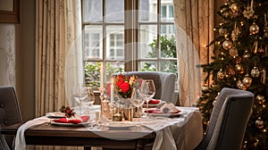 Table decor for festive family dinner at home, holiday tablescape and table setting, formal for wedding, celebration