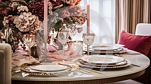 Table decor for festive family dinner at home, holiday tablescape and table setting, formal for wedding, celebration