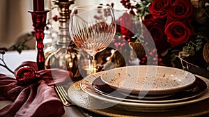 Table decor for festive family dinner at home, holiday tablescape and table setting, formal for wedding, celebration