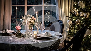 Table decor for festive family dinner at home, holiday tablescape and table setting, formal for wedding, celebration