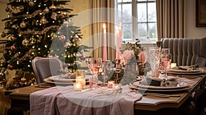Table decor for festive family dinner at home, holiday tablescape and table setting, formal for wedding, celebration, English
