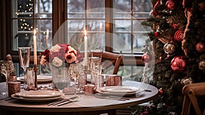 Table decor for festive family dinner at home, holiday tablescape and table setting, formal for wedding, celebration