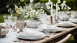 Table decor, holiday tablescape and dinner table setting in countryside garden, formal event decoration for wedding, family