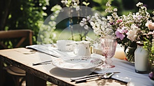 Table decor, holiday tablescape and dinner table setting in countryside garden, formal event decoration for wedding, family