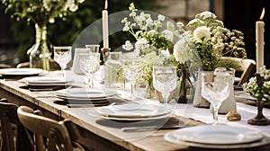 Table decor, holiday tablescape and dinner table setting in countryside garden, formal event decoration for wedding, family