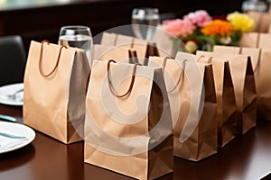 Table decor: Neat arrangement of brown paper bags enhances the table\'s aesthetic.
