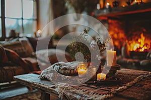 Table Decorated with Candles and a Cozy Blanket