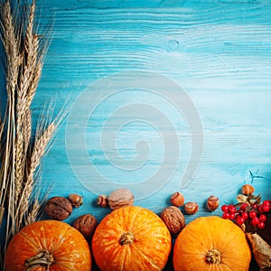 A table decorated with pumpkins, Harvest Festival,Happy Thanksgiving.