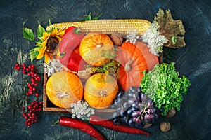 The table, decorated with vegetables and fruits. Harvest Festival,Happy Thanksgiving.