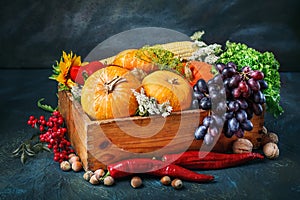 The table, decorated with vegetables and fruits. Harvest Festival,Happy Thanksgiving. photo