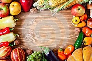 The table, decorated with vegetables and fruits. Harvest Festival. Happy Thanksgiving. Autumn background. Selective