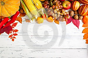 The table, decorated with vegetables and fruits. Harvest Festival. Happy Thanksgiving. Autumn background. Selective