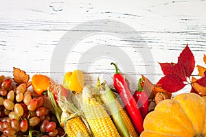 The table, decorated with vegetables and fruits. Harvest Festival. Happy Thanksgiving. Autumn background. Selective