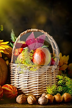 The table, decorated with vegetables and fruits. Harvest Festival. Happy Thanksgiving. Autumn background. Selective