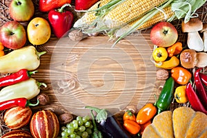 The table, decorated with vegetables and fruits. Harvest Festival. Happy Thanksgiving. Autumn background. Selective