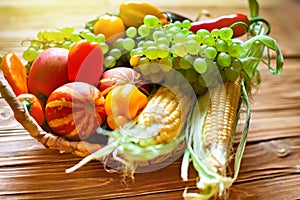The table, decorated with vegetables and fruits. Harvest Festival. Happy Thanksgiving. Autumn background. Selective