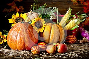 The table, decorated with vegetables and fruits. Harvest Festival. Happy Thanksgiving. Autumn background. Selective