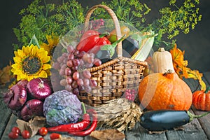 The table, decorated with vegetables and fruits. Harvest Festival,Happy Thanksgiving. Autumn background. Selective focus