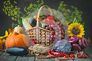 The table, decorated with vegetables and fruits. Harvest Festival,Happy Thanksgiving. Autumn background. Selective focus