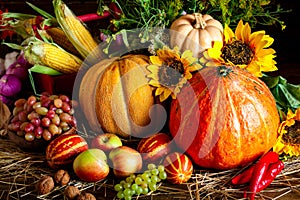 The table, decorated with vegetables and fruits. Harvest Festival. Happy Thanksgiving. Autumn background. Selective