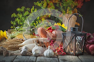 The table, decorated with vegetables and fruits. Harvest Festival,Happy Thanksgiving. Autumn background. Selective focus