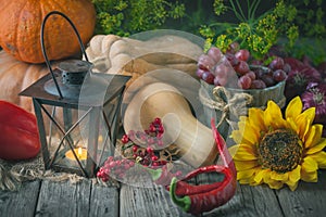 The table, decorated with vegetables and fruits. Harvest Festival,Happy Thanksgiving. Autumn background. Selective focus