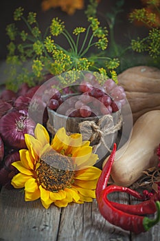 The table, decorated with vegetables and fruits. Harvest Festival,Happy Thanksgiving. Autumn background. Selective focus