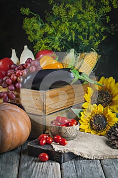 The table, decorated with vegetables, pumpkins and fruits. Harvest Festival,Happy Thanksgiving. Autumn background