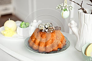 Table decoration with champagne for a festive easter dinner