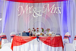 table with decoration for wedding or another catered event, Mr &