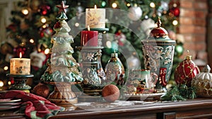 A table dedicated to showcasing Christmas traditions from different eras with vintage ornaments candles and a retrostyle photo