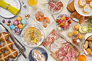 Table with delicatessen ready for Easter brunch