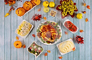 Table with delicious food for celebrate Thanksgiving Day