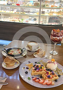 Table with different breakfast and brunch