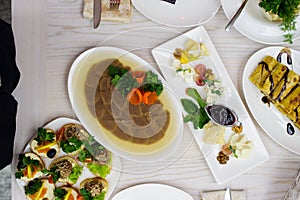 table with different food on it