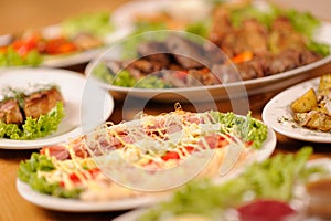 table with different food on it