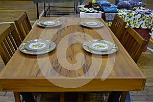 Table with dishes. Exhibition of kitchen items in Brazil, South America, top view