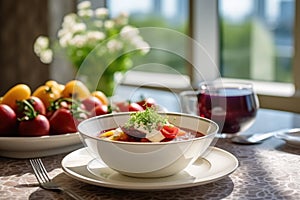 The table displays a bowl of customary Ukrainian borscht, highlighting Ukraine\'s national culinary heritage. Generative AI