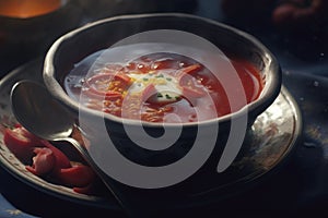 The table displays a serving of customary Ukrainian borscht in a bowl, symbolizing the national culinary traditions of Ukraine.