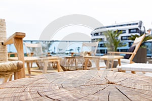 Table empty background in outdoor cafe , modern restaurant background.Front view. . Dining table. Brochure background