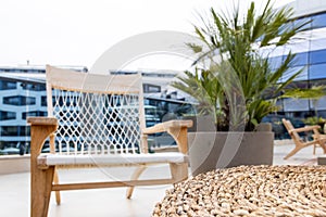 Table empty background in outdoor cafe , modern restaurant background.Front view. . Dining table. Brochure background